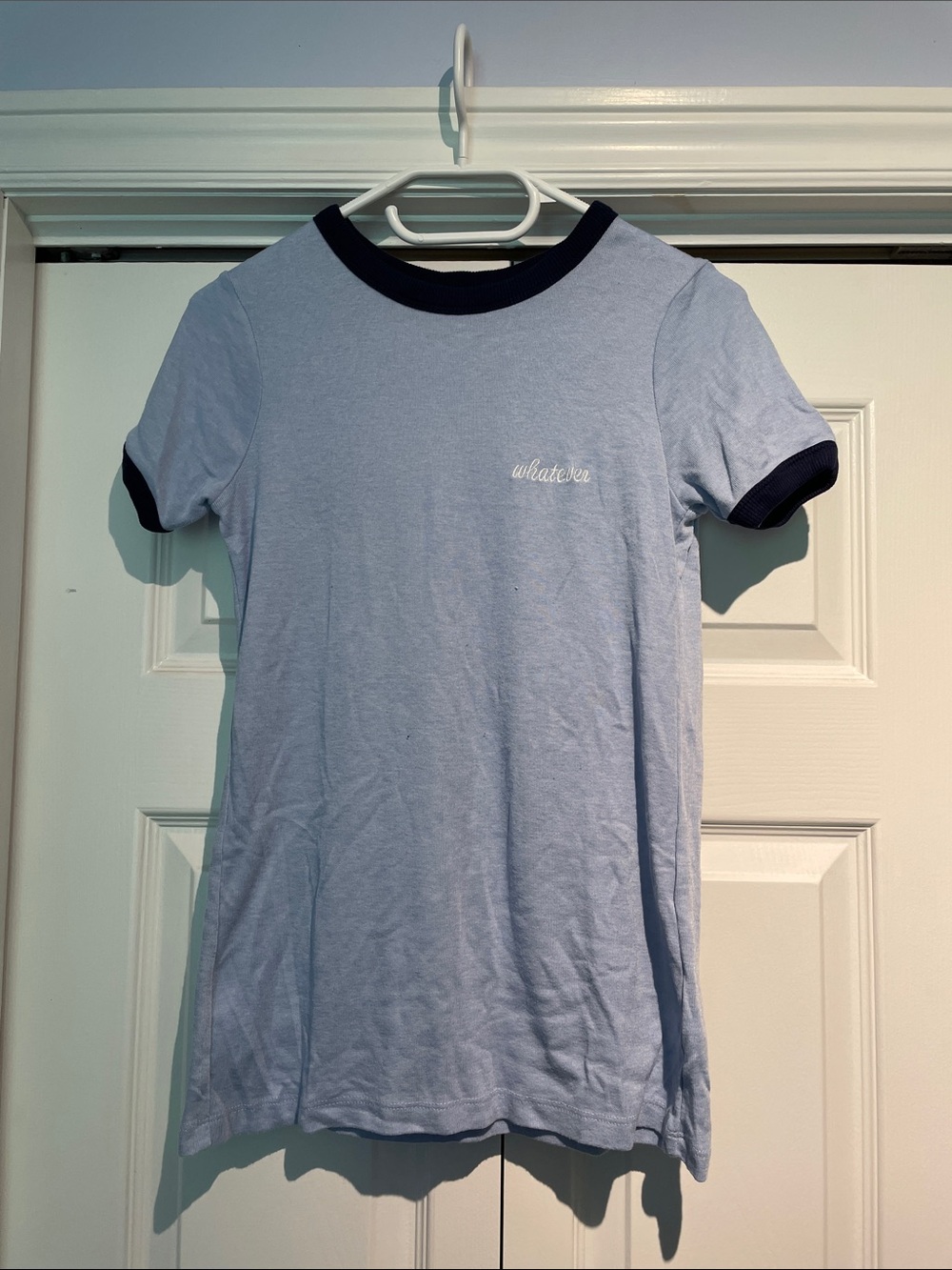 Light Blue Ringer Tee with 'whatever' Embroidery